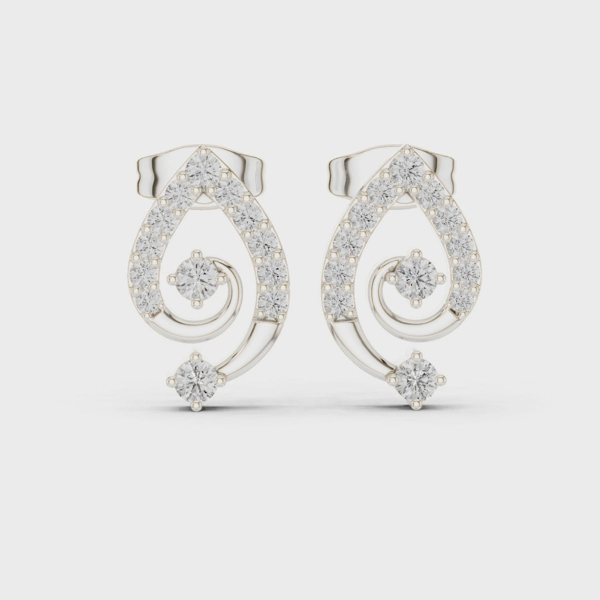 Round lab-grown diamond swirl stud earrings in white gold, 360 degree video