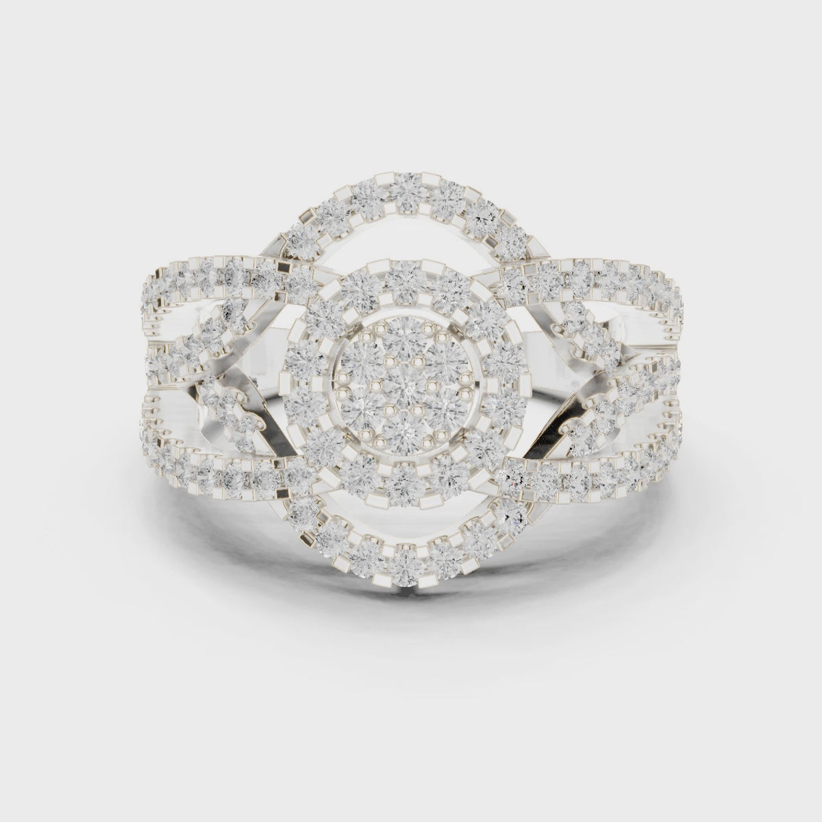 Round lab-grown diamond cluster halo ring with open split shank in white gold, 360 degree video
