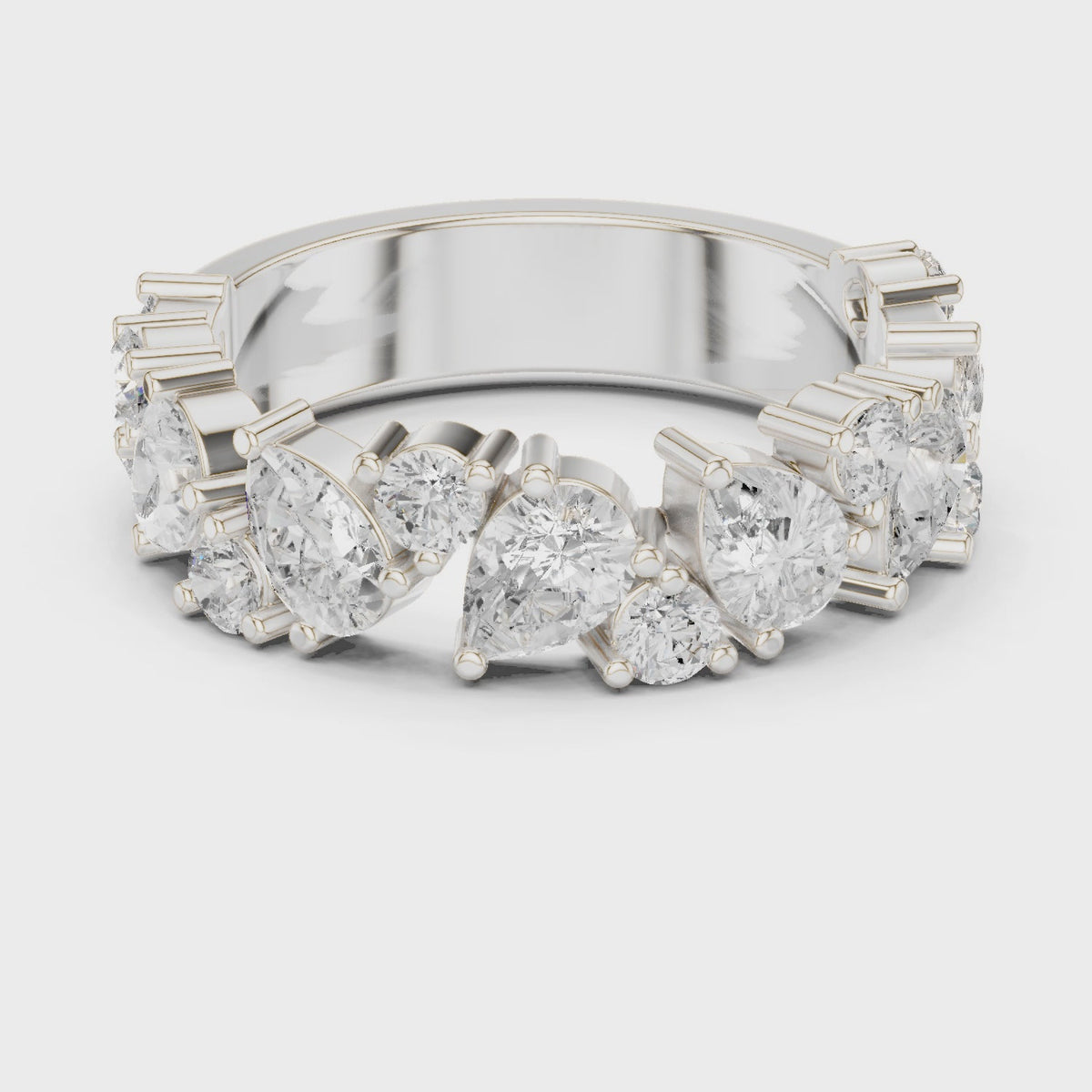 Pear and round lab-grown diamond anniversary band in white gold, 360 degree video