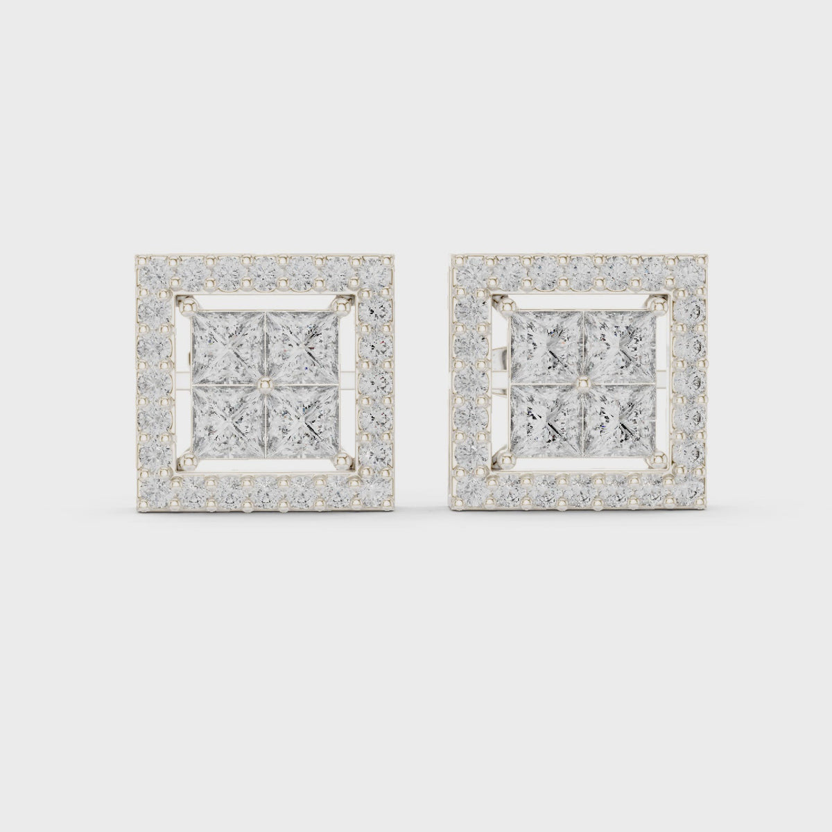 Princess-cut and round lab-grown diamond square halo stud earrings in white gold, 360 degree video