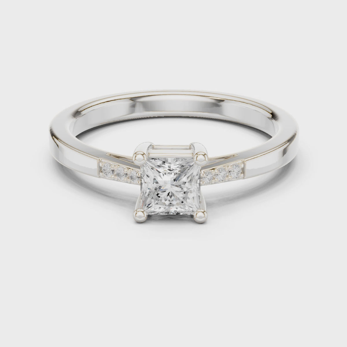 Princess-cut lab-grown diamond engagement ring with accent diamonds in white gold, 360 degree video