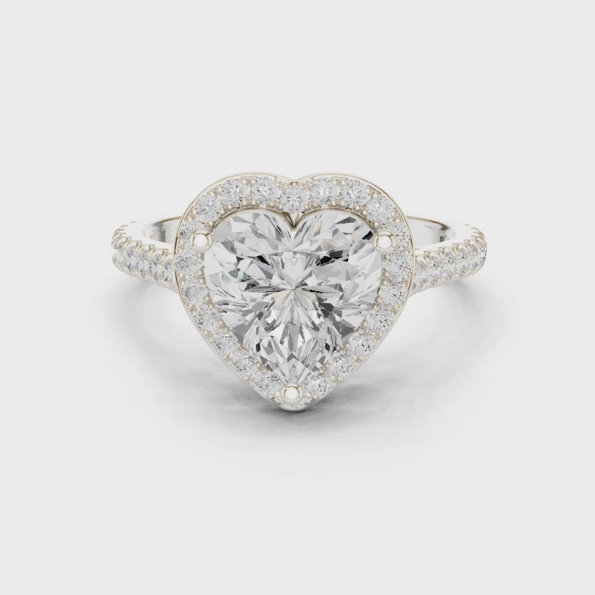 Heart lab-grown diamond halo engagement ring with pavé band in white gold, 360 degree video