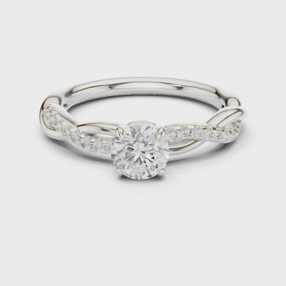 Round lab-grown diamond twisted pavé engagement ring in white gold, 360 degree video