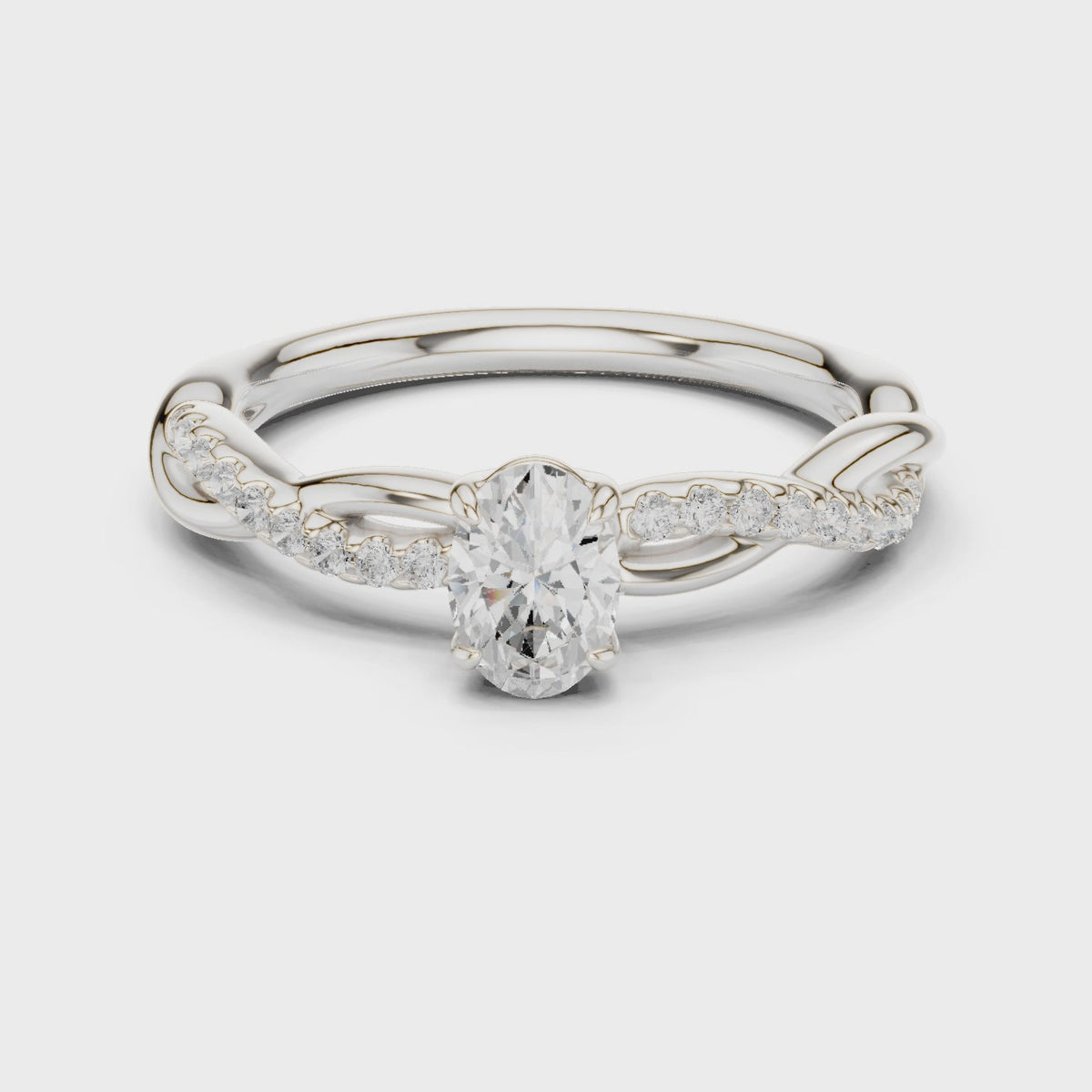Oval lab-grown diamond twisted pavé engagement ring in white gold, 360 degree video
