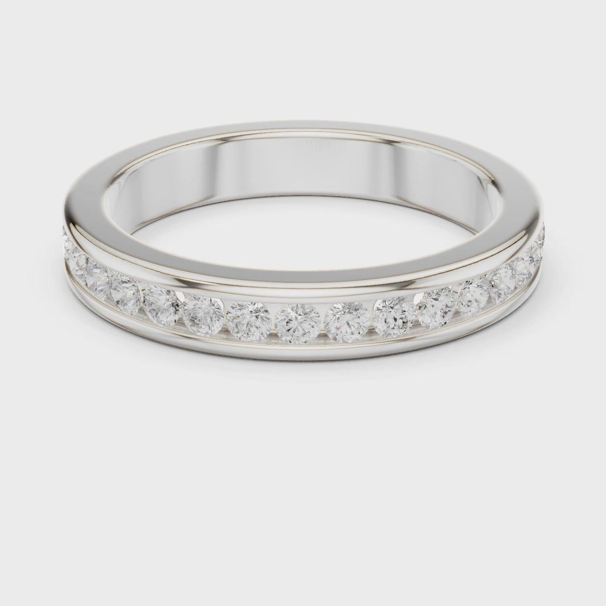 Round lab-grown diamond channel set band in white gold, 360 degree video