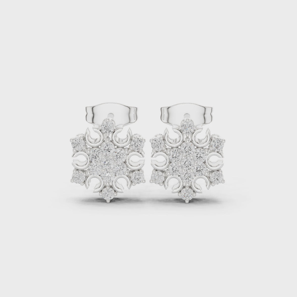 Round lab-grown diamond snowflake cluster stud earrings in white gold, 360 degree video