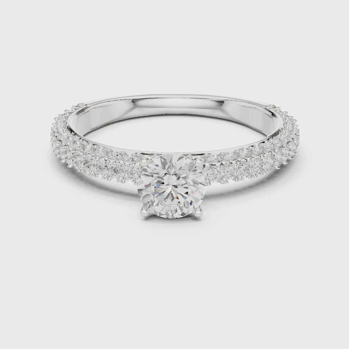 Round lab-grown diamond triple-row pavé engagement ring in white gold, 360 degree video
