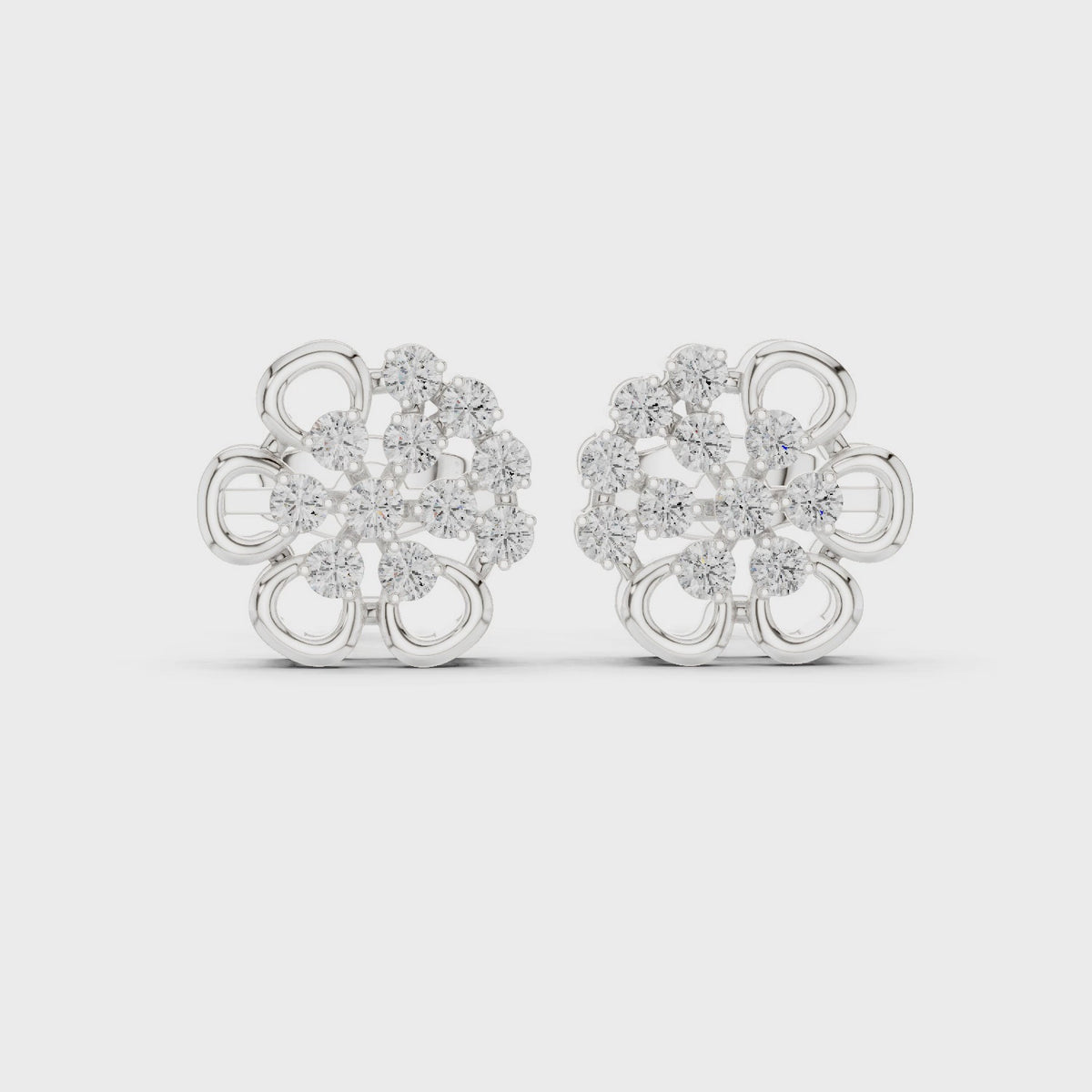 Round lab-grown diamond flower stud earrings in white gold, 360 degree video