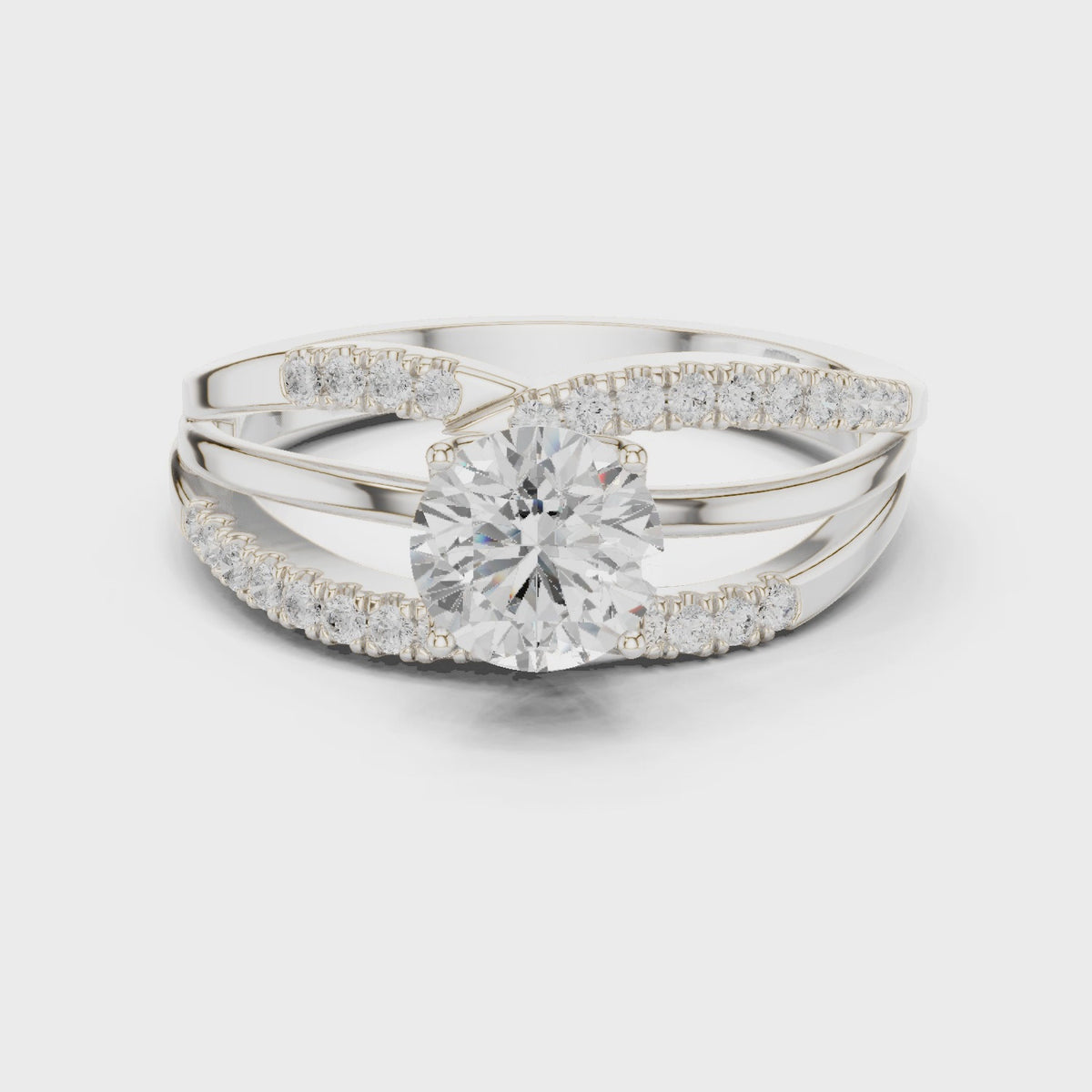 Round lab-grown diamond split shank pavé engagement ring in white gold, 360 degree video