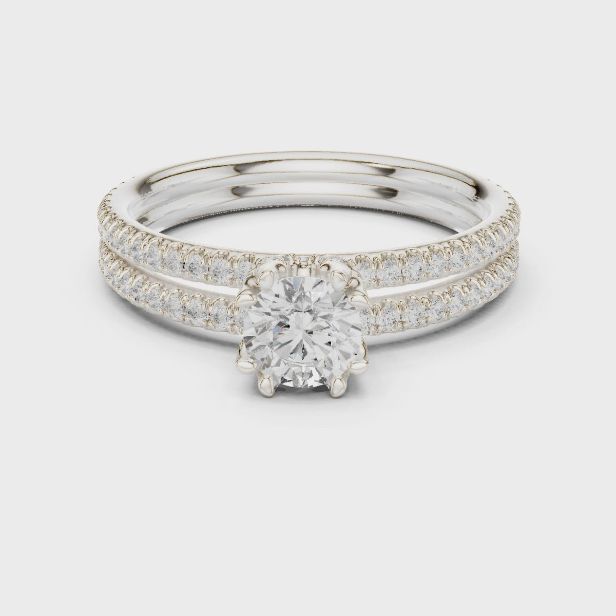 Round lab-grown diamond hidden halo double-row pavé engagement ring in white gold, 360 degree video