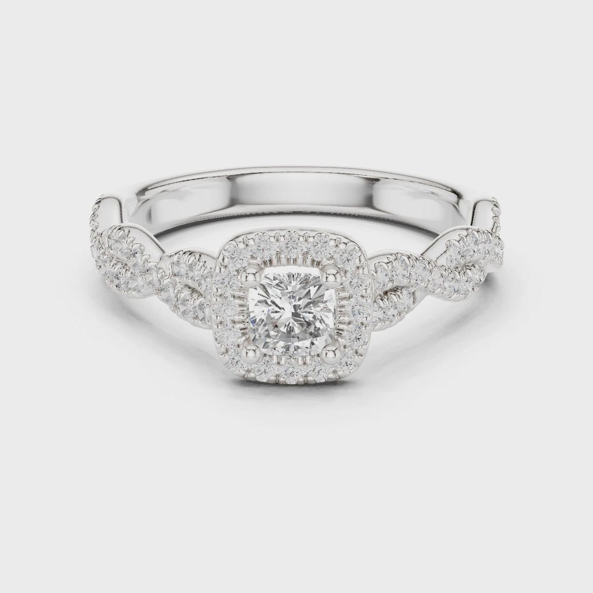 Cushion-cut lab-grown diamond twisted halo engagement ring in white gold, 360 degree video