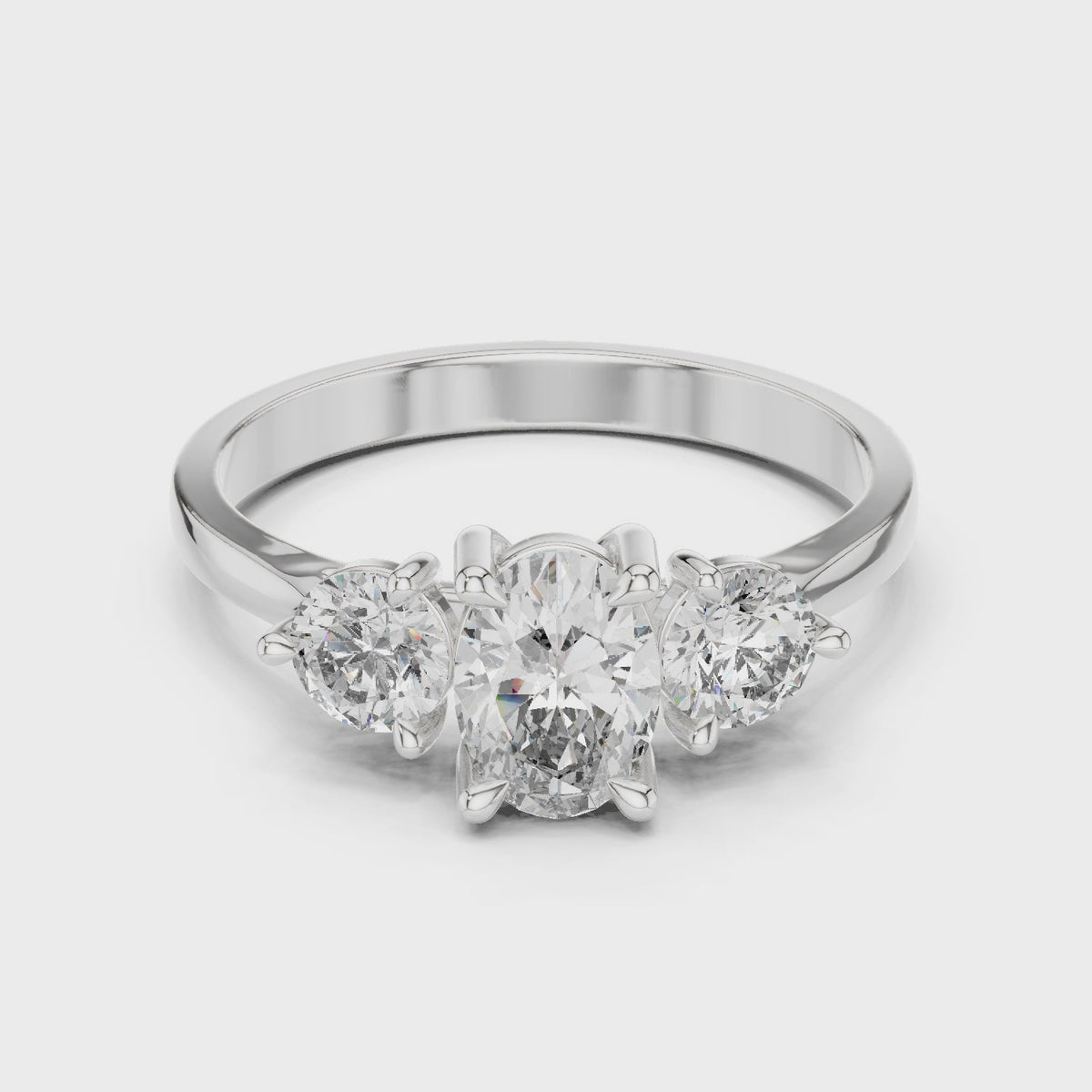 Oval lab-grown diamond three-stone engagement ring in white gold, 360 degree video