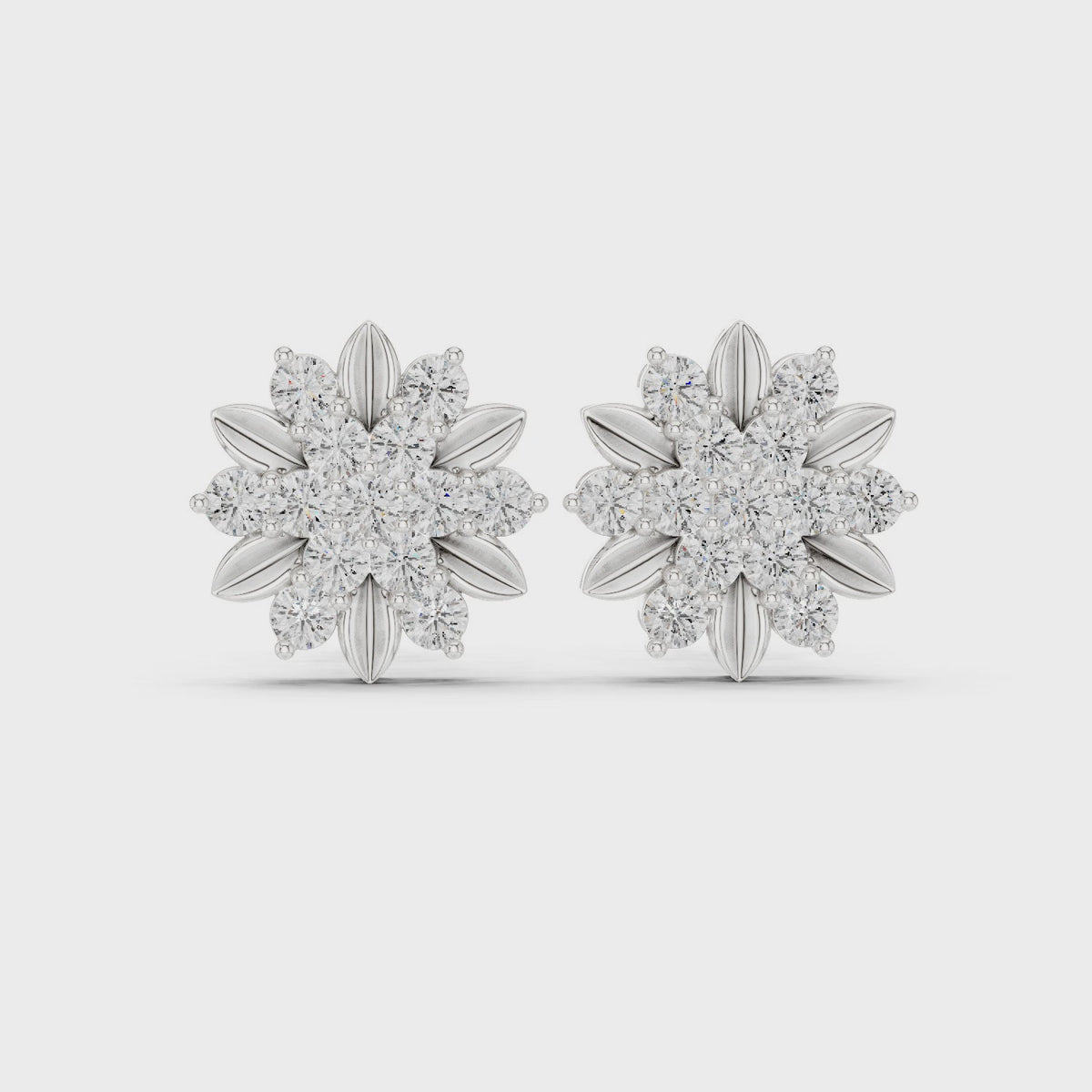 Round lab-grown diamond flower stud earrings in white gold, 360 degree video