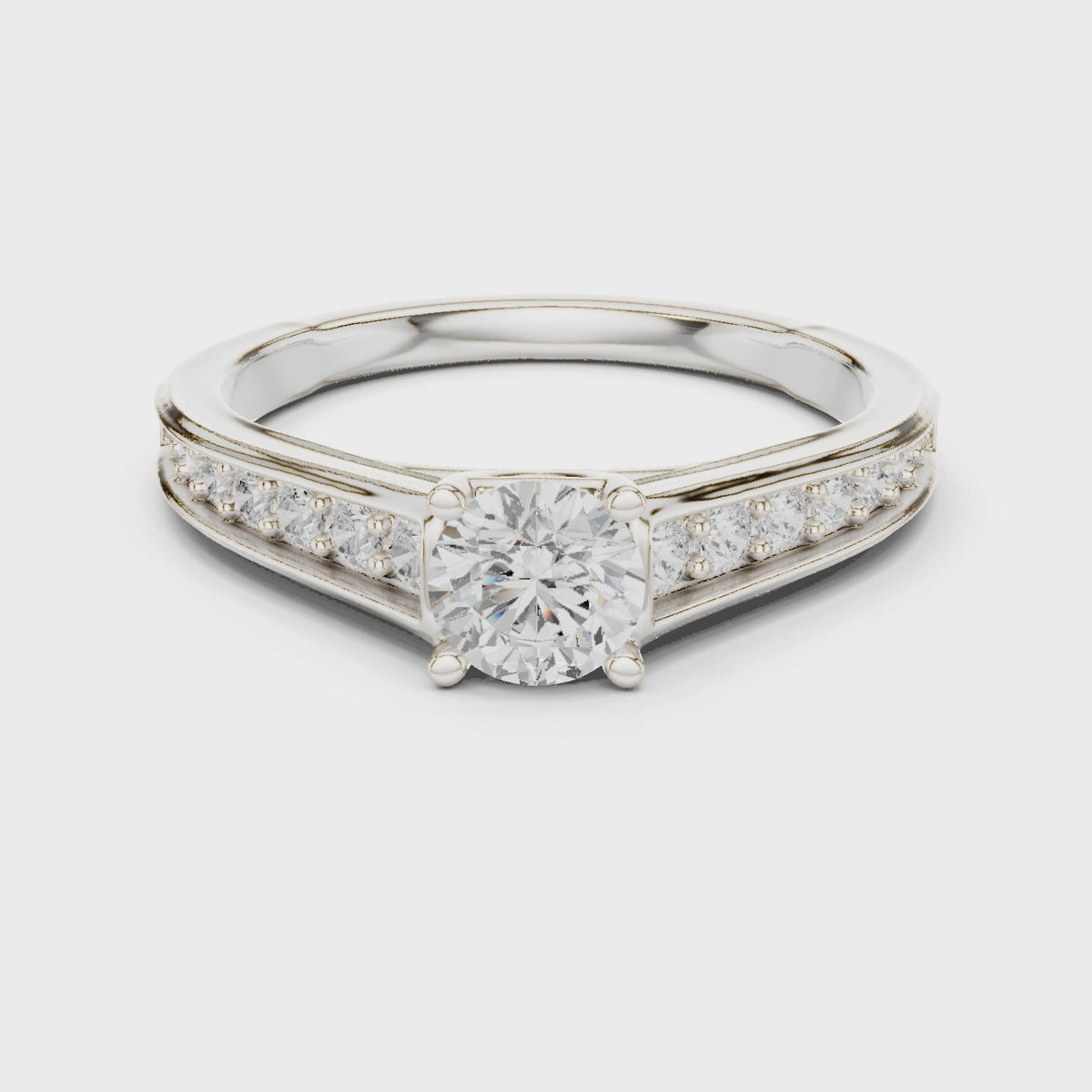Round lab-grown diamond cathedral engagement ring with side stones in white gold, 360 degree video