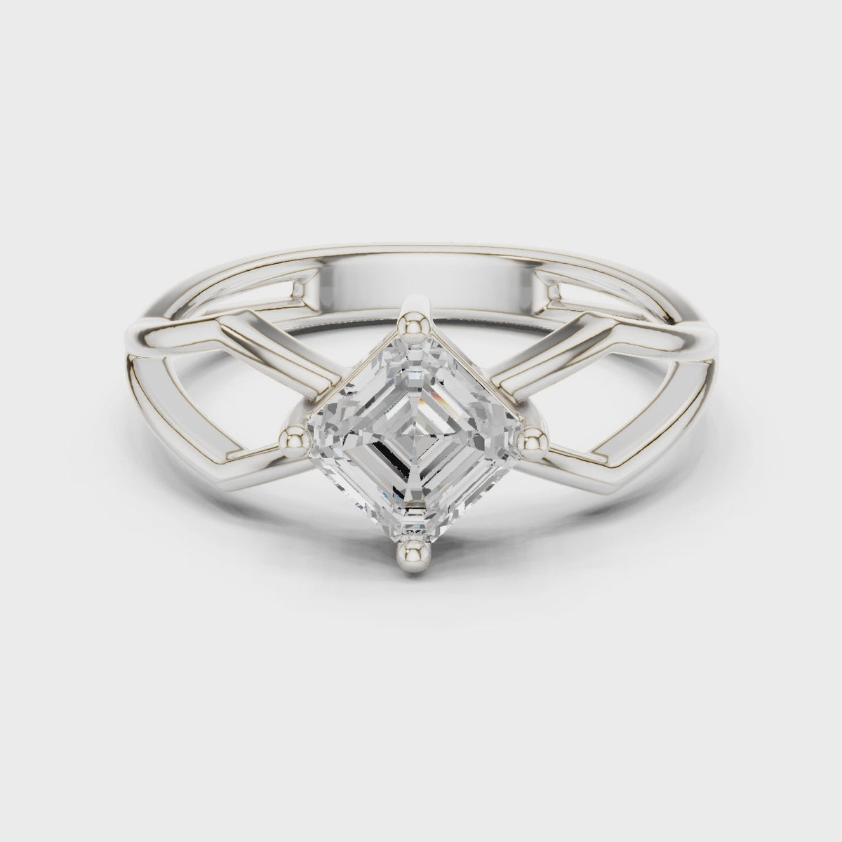 Square emerald-cut lab-grown diamond kite-set engagement ring with open band in white gold, 360 degree video