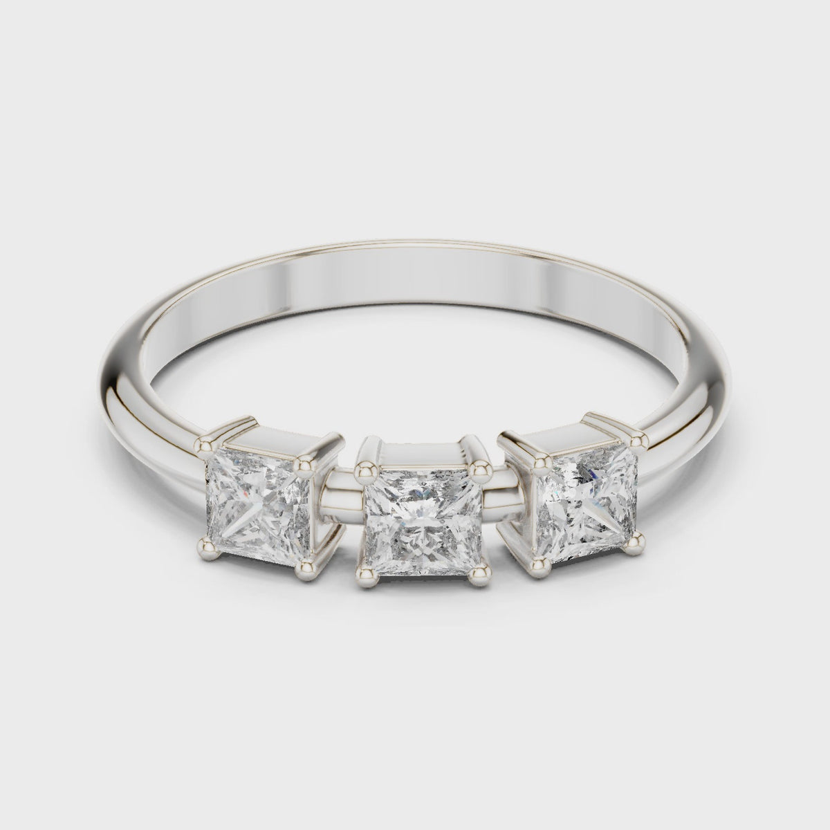 Princess-cut lab-grown diamond three stone ring in white gold, 360 degree video