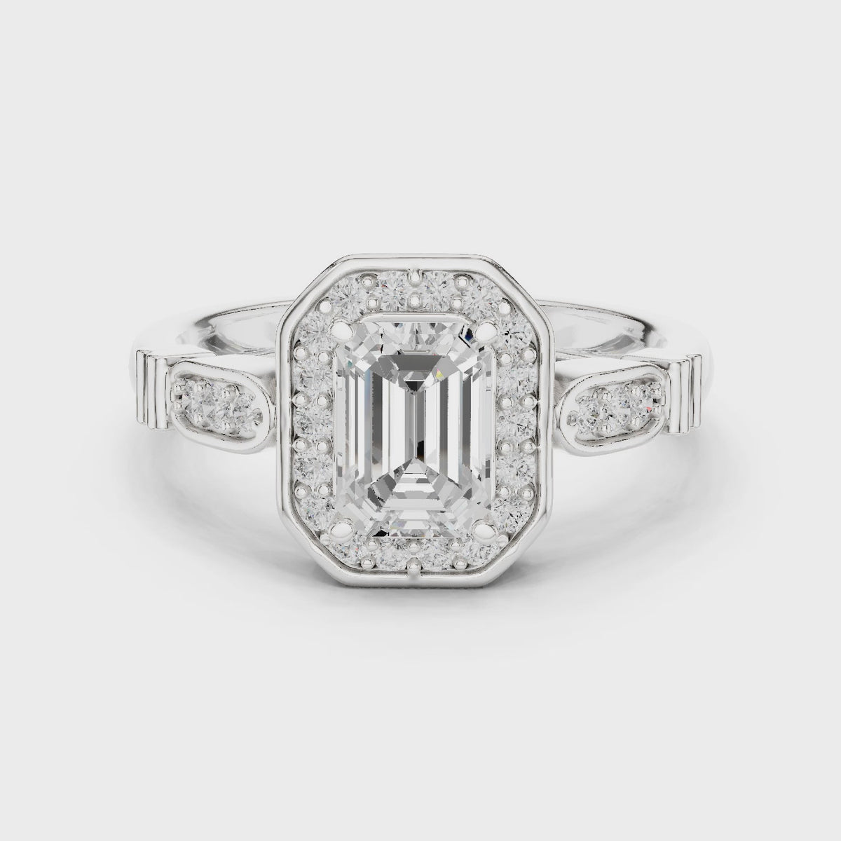 Emerald-cut lab-grown diamond halo engagement ring in white gold, 360 degree video