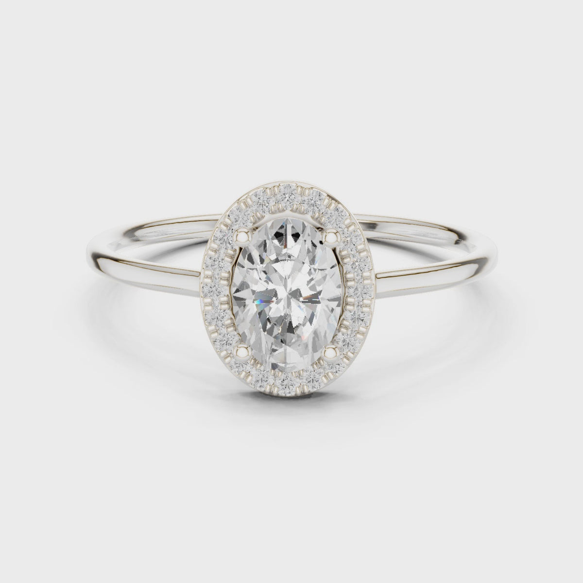 Oval lab-grown diamond halo engagement ring in white gold, 360 degree video