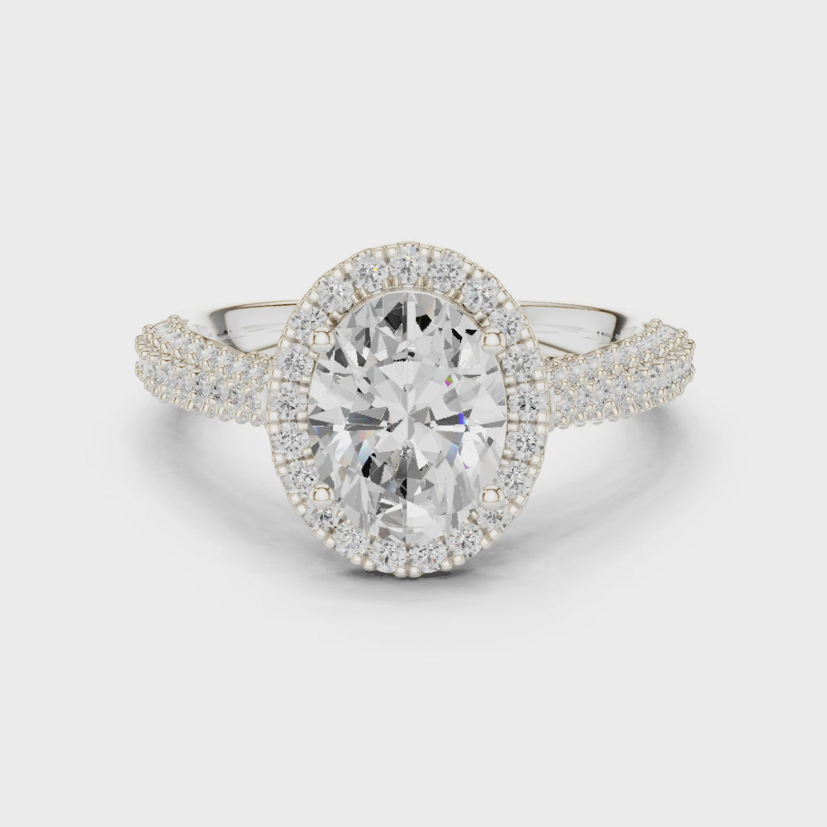 Oval lab-grown diamond halo engagement ring in white gold, 360 degree video