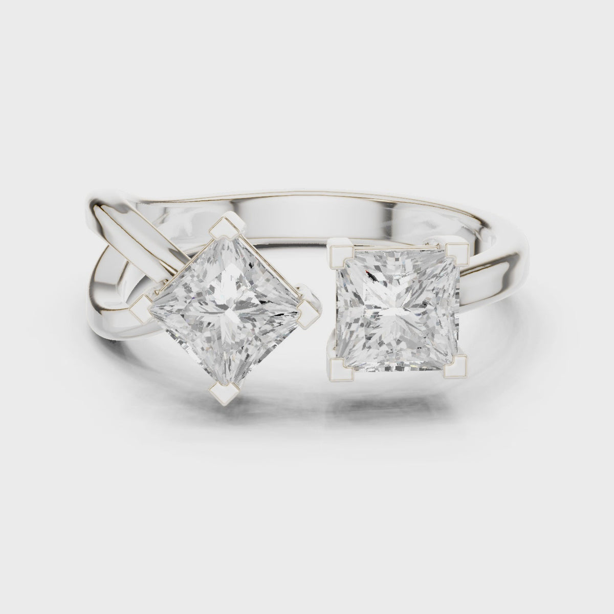 Princess-cut lab-grown diamond bypass toi et moi ring in white gold, 360 degree video