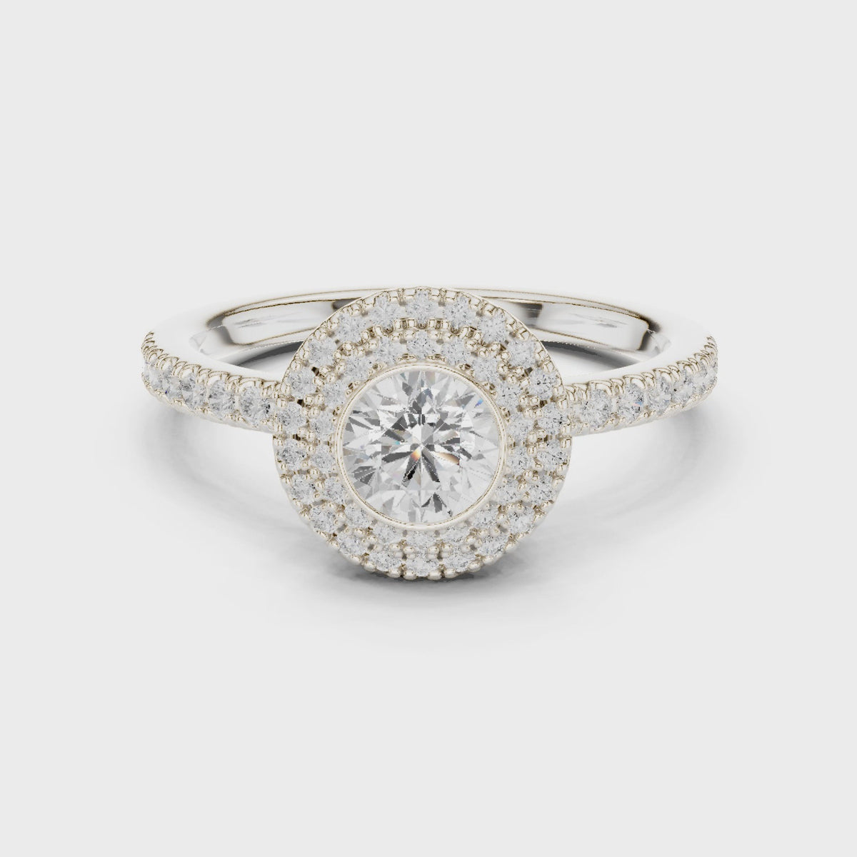 Round lab-grown diamond double halo pavé engagement ring in white gold, 360 degree video