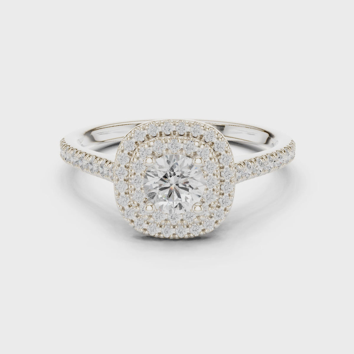 Round lab-grown diamond double halo engagement ring in white gold, 360 degree video