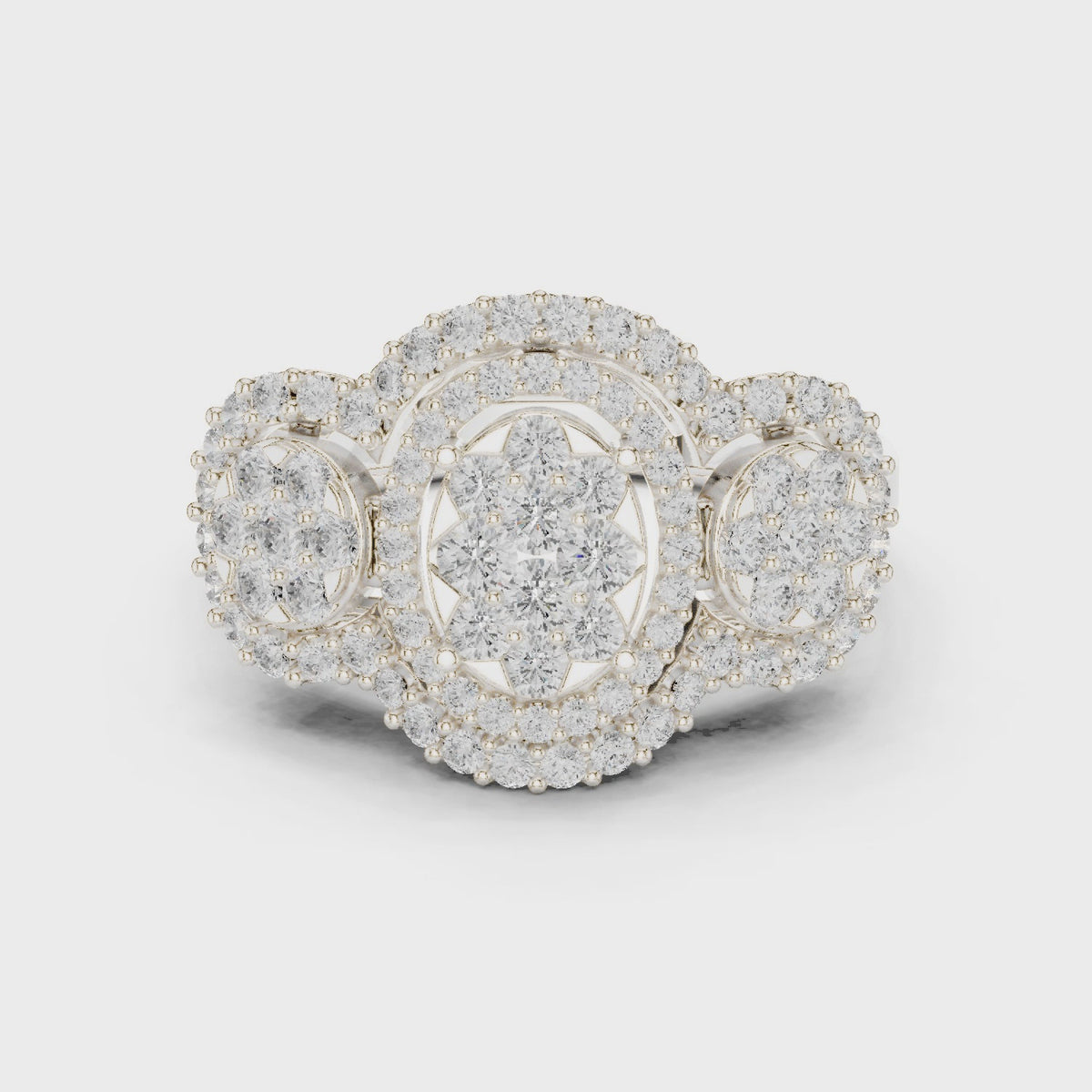 Round lab-grown diamond three-cluster halo ring in white gold, 360 degree video