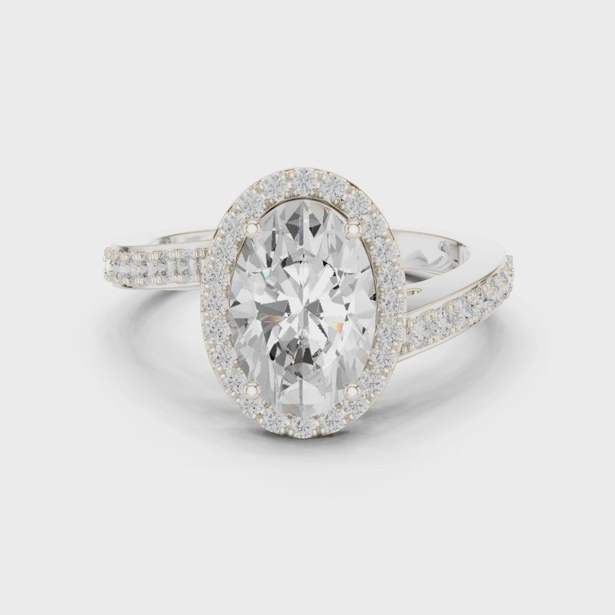 Oval lab-grown diamond halo engagement ring in white gold, 360 degree video
