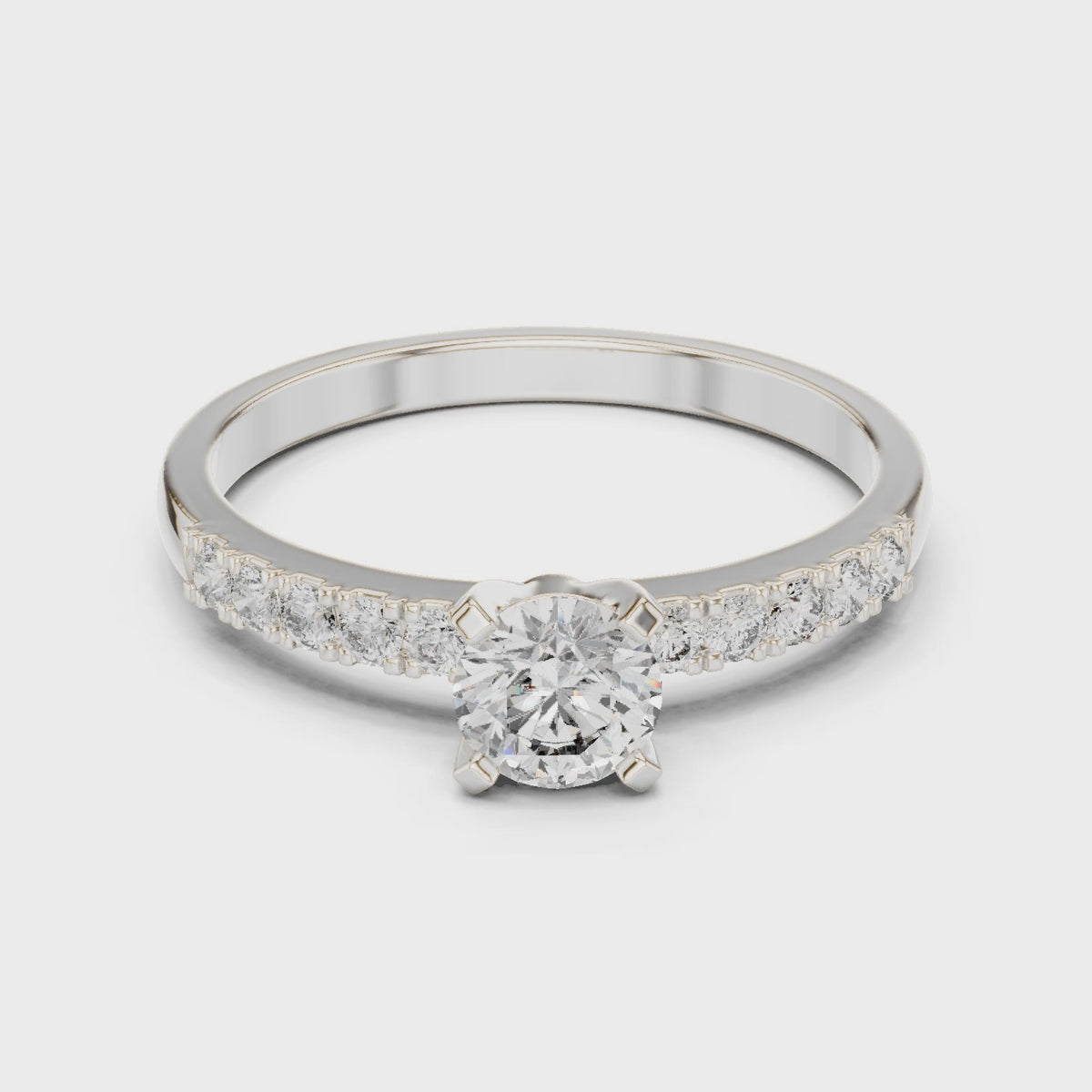 Round lab-grown diamond pavé engagement ring in white gold, 360 degree video