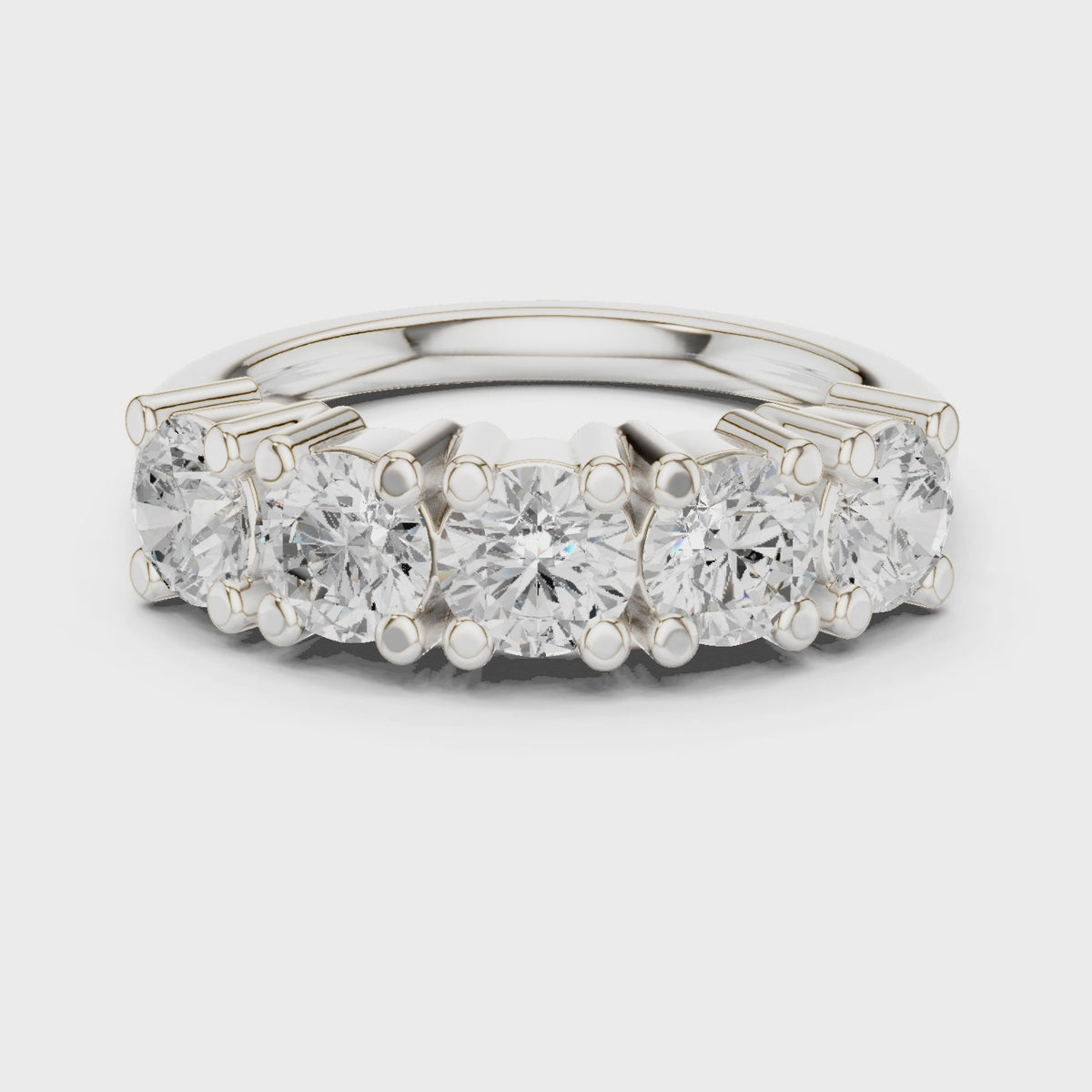 Round lab-grown diamond five-stone anniversary band in white gold, 360 degree video