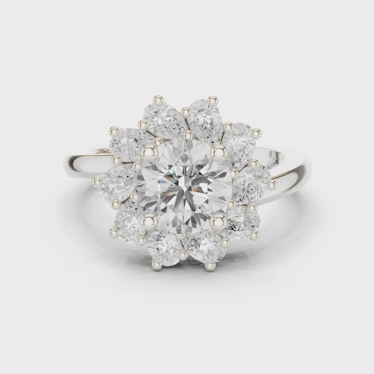 Round lab-grown diamond flower halo engagement ring in white gold, 360 degree video