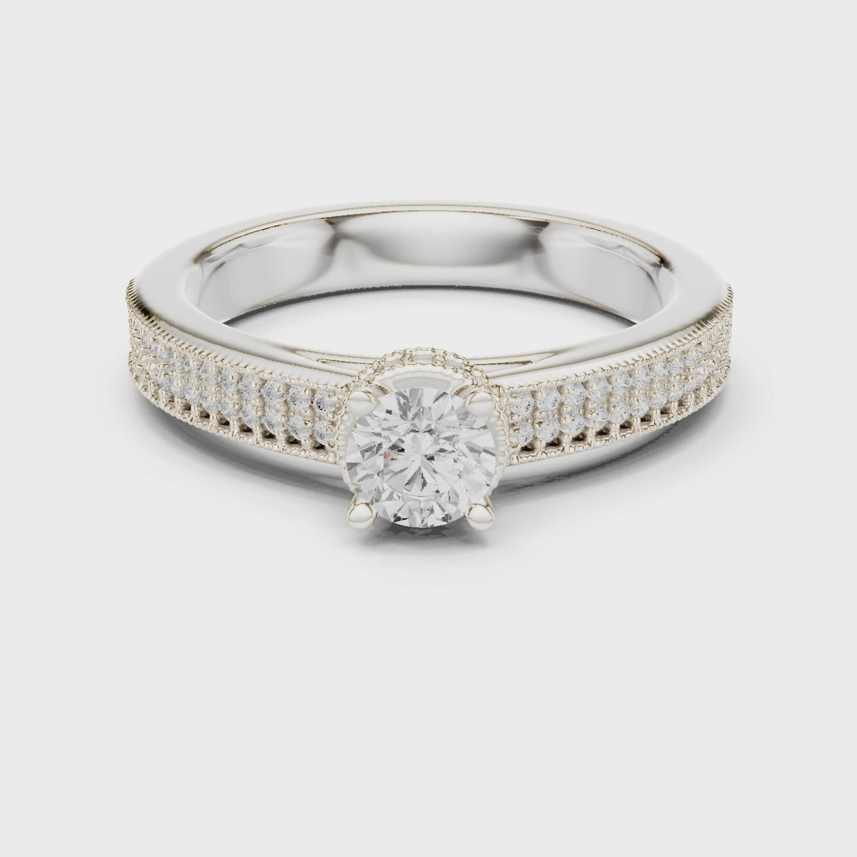 Round lab-grown diamond halo engagement ring with channel set band in white gold, 360 degree video