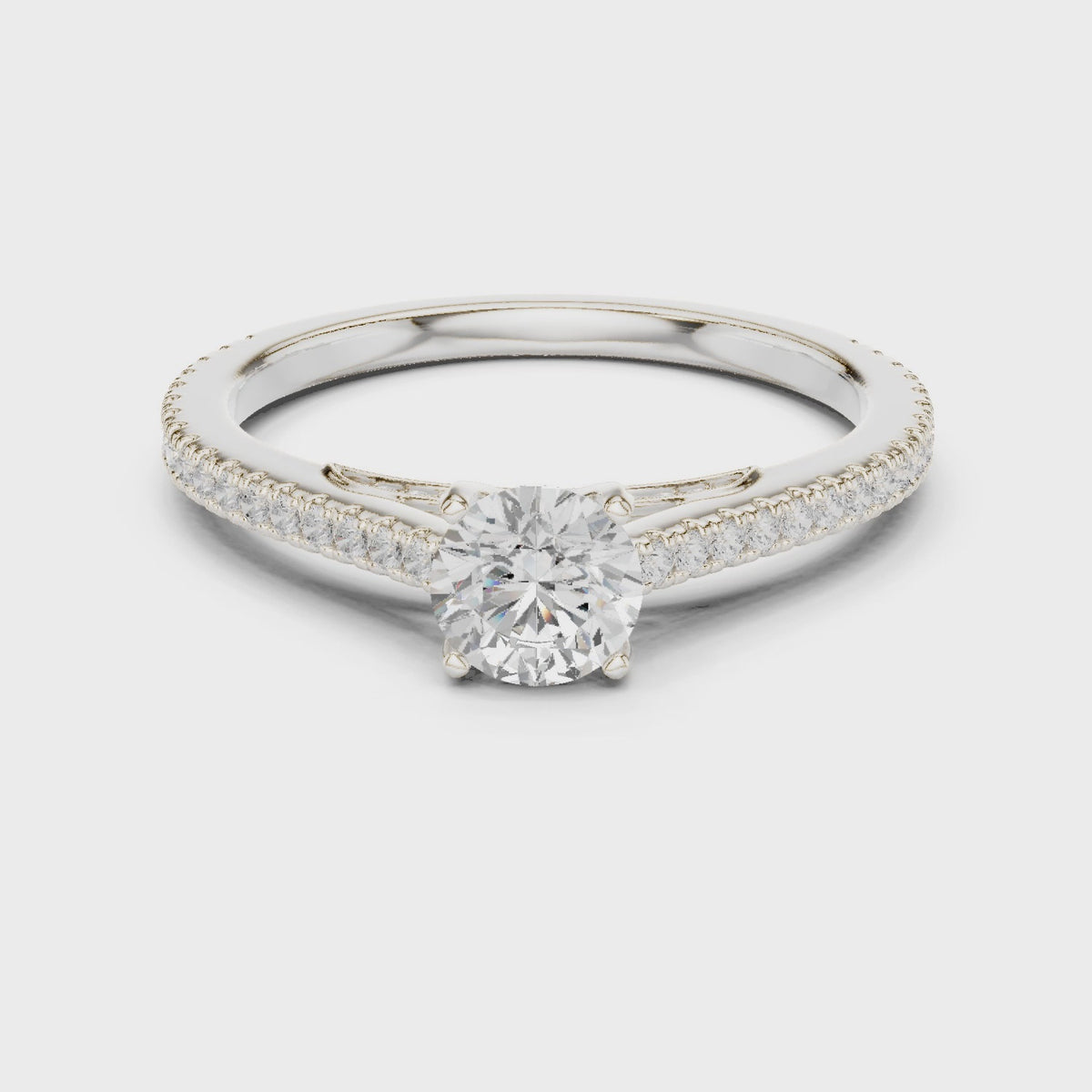 Round lab-grown diamond cathedral pavé engagement ring in white gold, 360 degree video