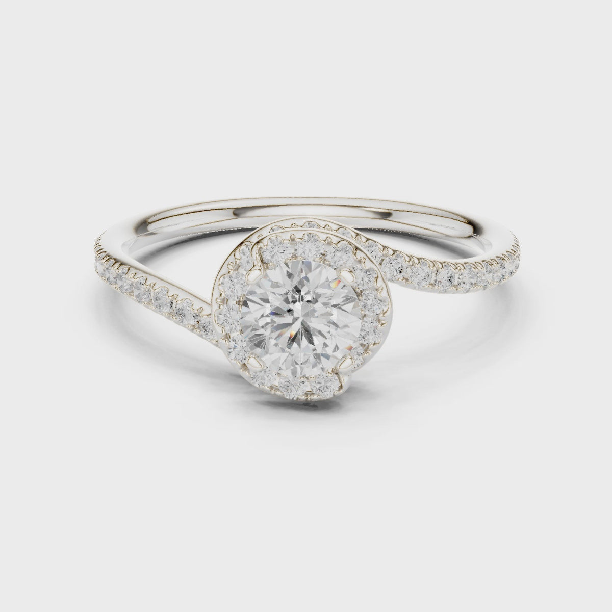 Round lab-grown diamond swirl engagement ring in white gold, 360 degree video