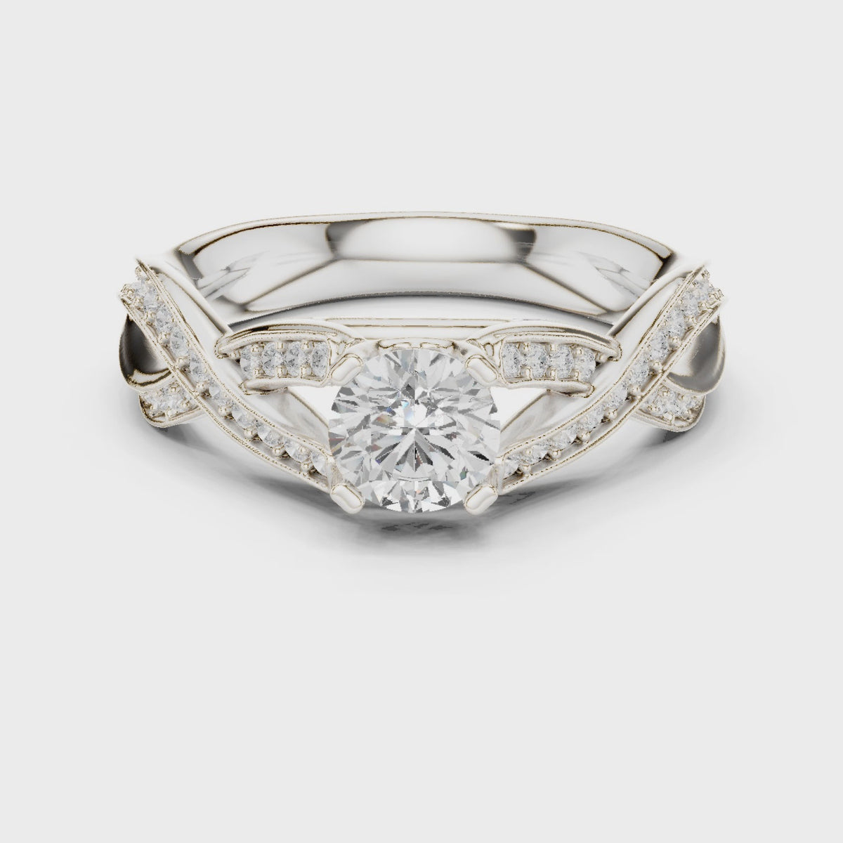 Round lab-grown diamond twisted pavé engagement ring in white gold, 360 degree video