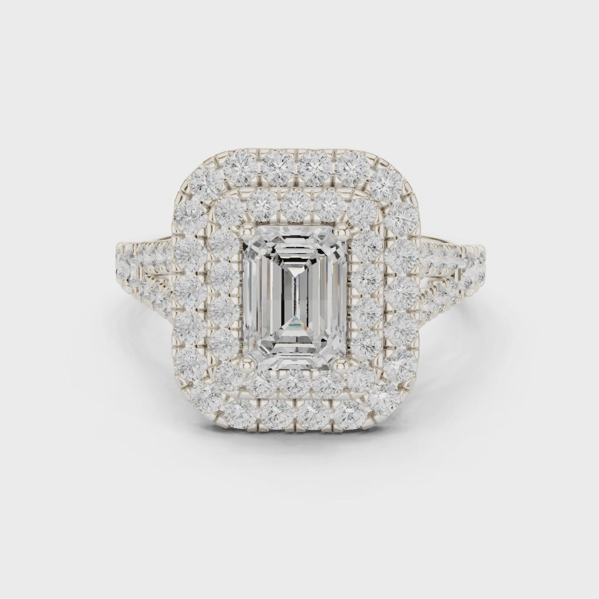 Emerald-cut lab-grown diamond double halo engagement ring in white gold, 360 degree video