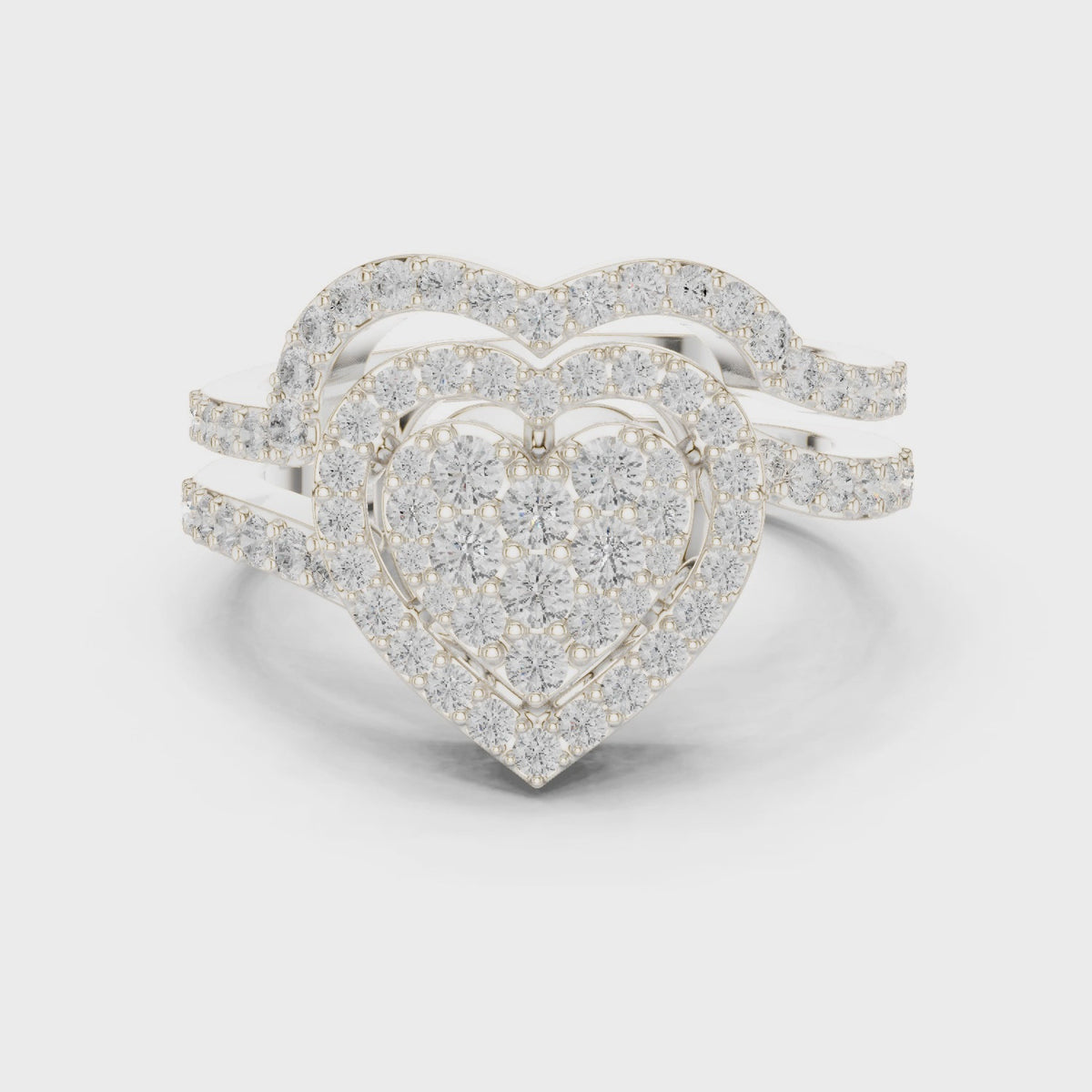 Round lab-grown diamond heart cluster ring with double pavé band in white gold, 360 degree video