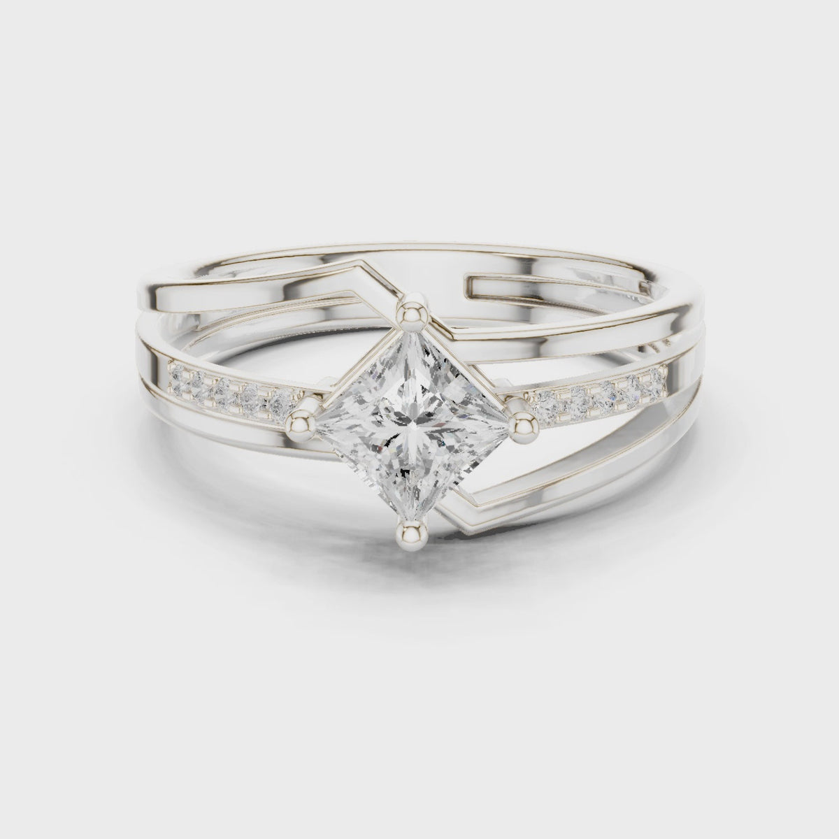 Princess-cut lab-grown diamond split shank engagement ring in white gold, 360 degree video