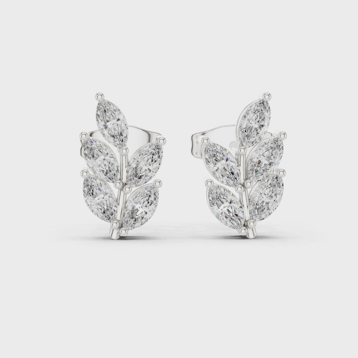 Marquise lab-grown diamond leaf stud earrings in white gold, 360 degree video