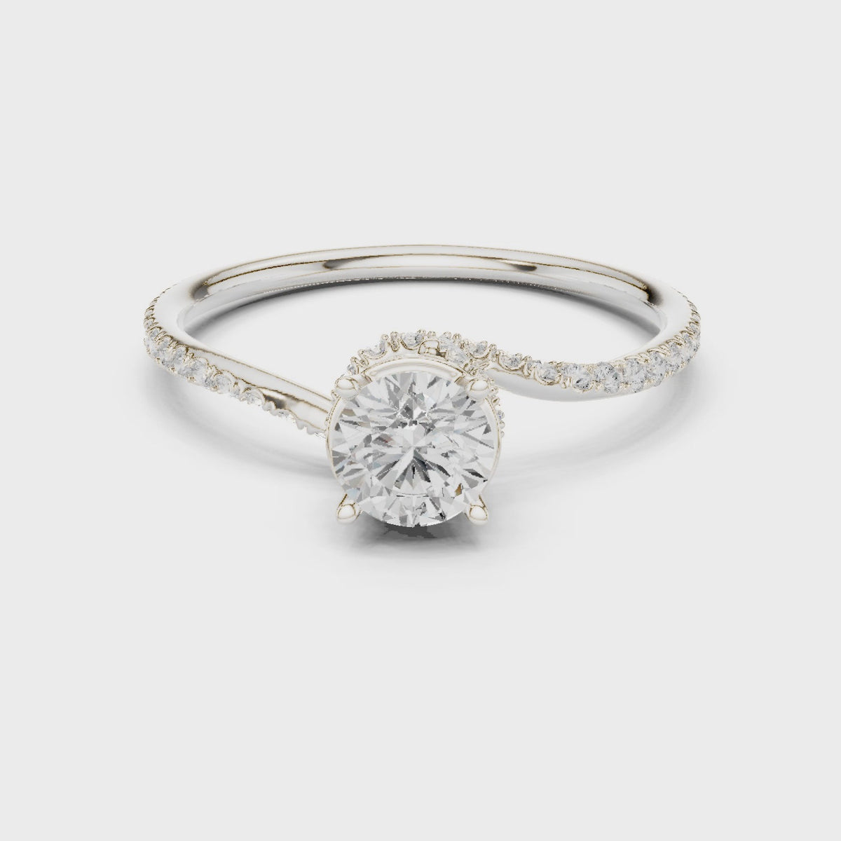Round lab-grown diamond swirl pavé engagement ring in white gold, 360 degree video