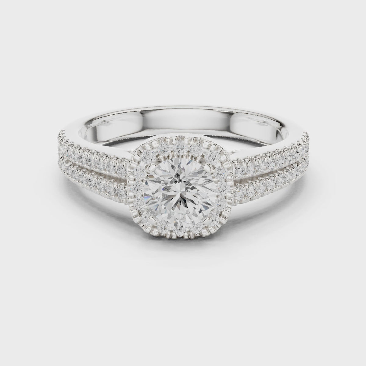 Round lab-grown diamond split shank pavé halo engagement ring in white gold, 360 degree video