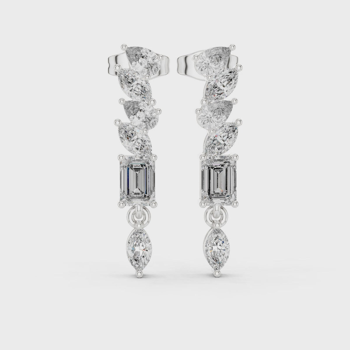 Emerald-cut, marquise and pear lab-grown diamond linear drop earrings in white gold, 360 degree video
