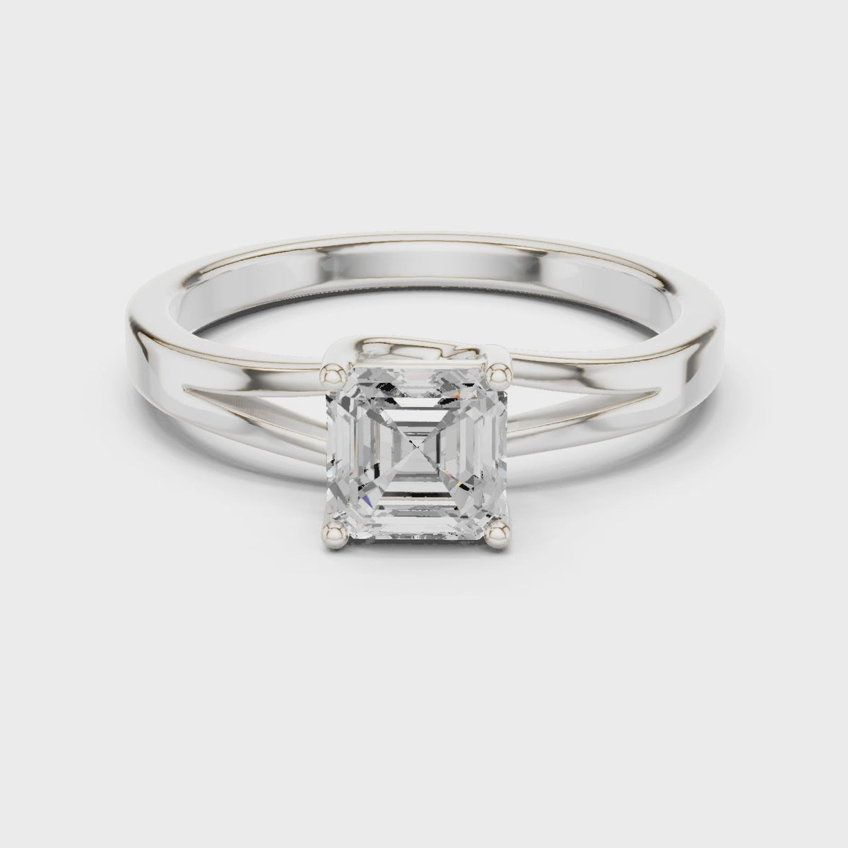 Square emerald-cut lab-grown diamond solitaire engagement ring in white gold, 360 degree video