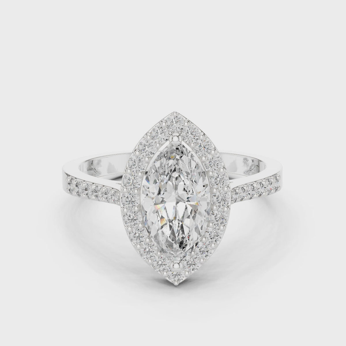 Marquise lab-grown diamond halo engagement ring in white gold, 360 degree video