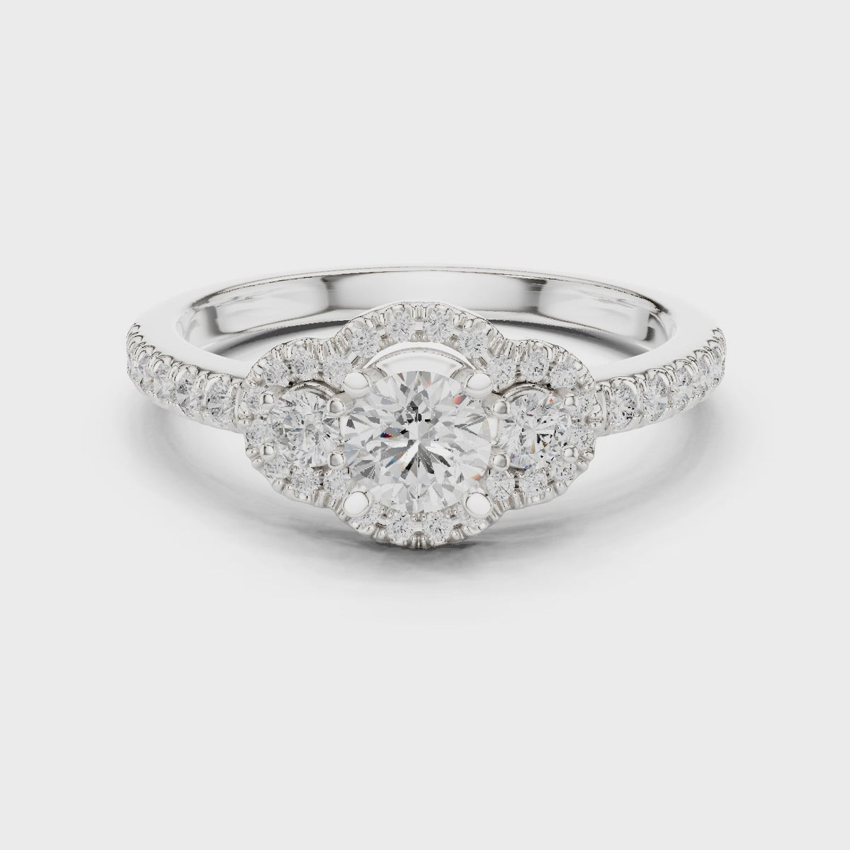 Round lab-grown diamond floral halo engagement ring in white gold, 360 degree video