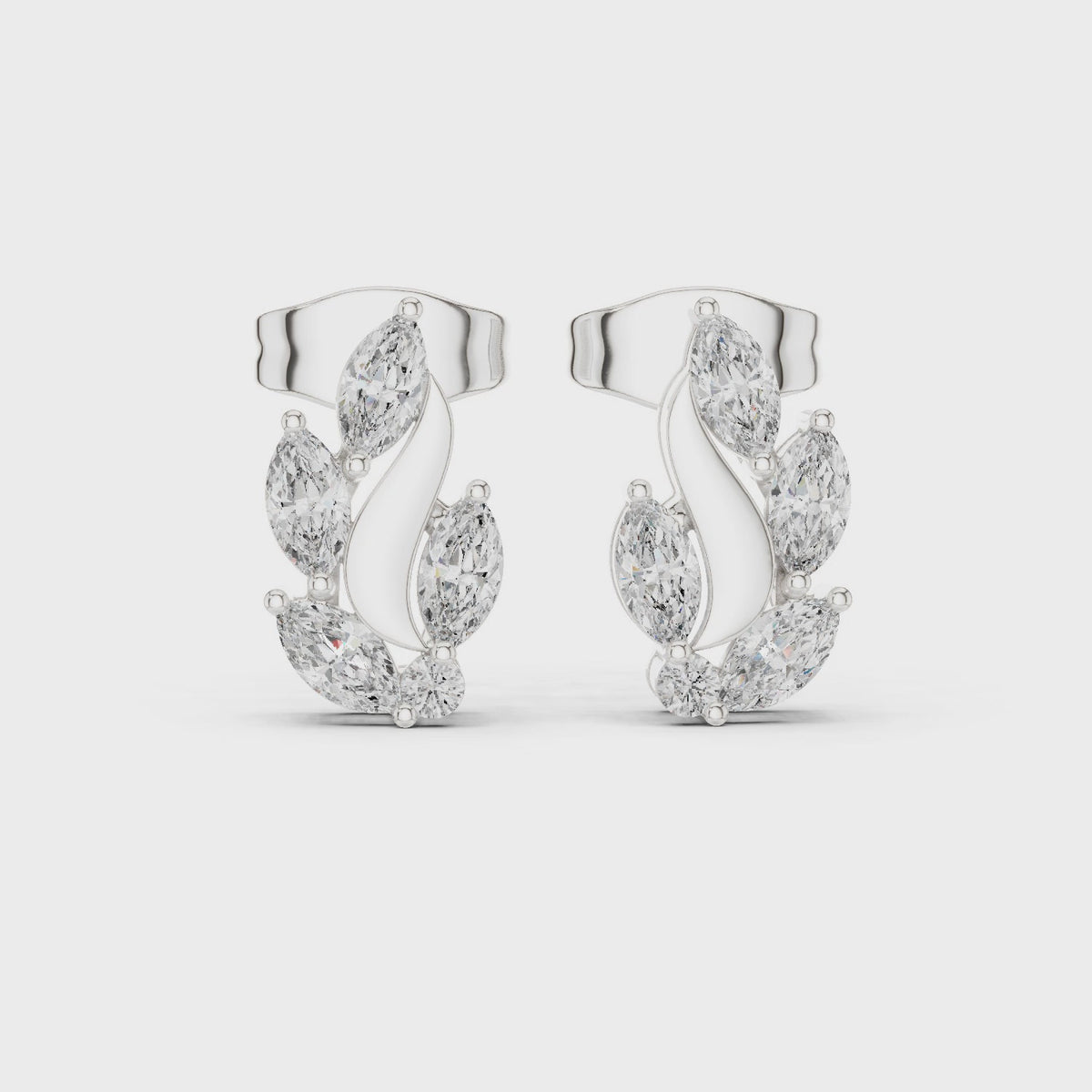 Marquise and round lab-grown diamond flame stud earrings in white gold, 360 degree video