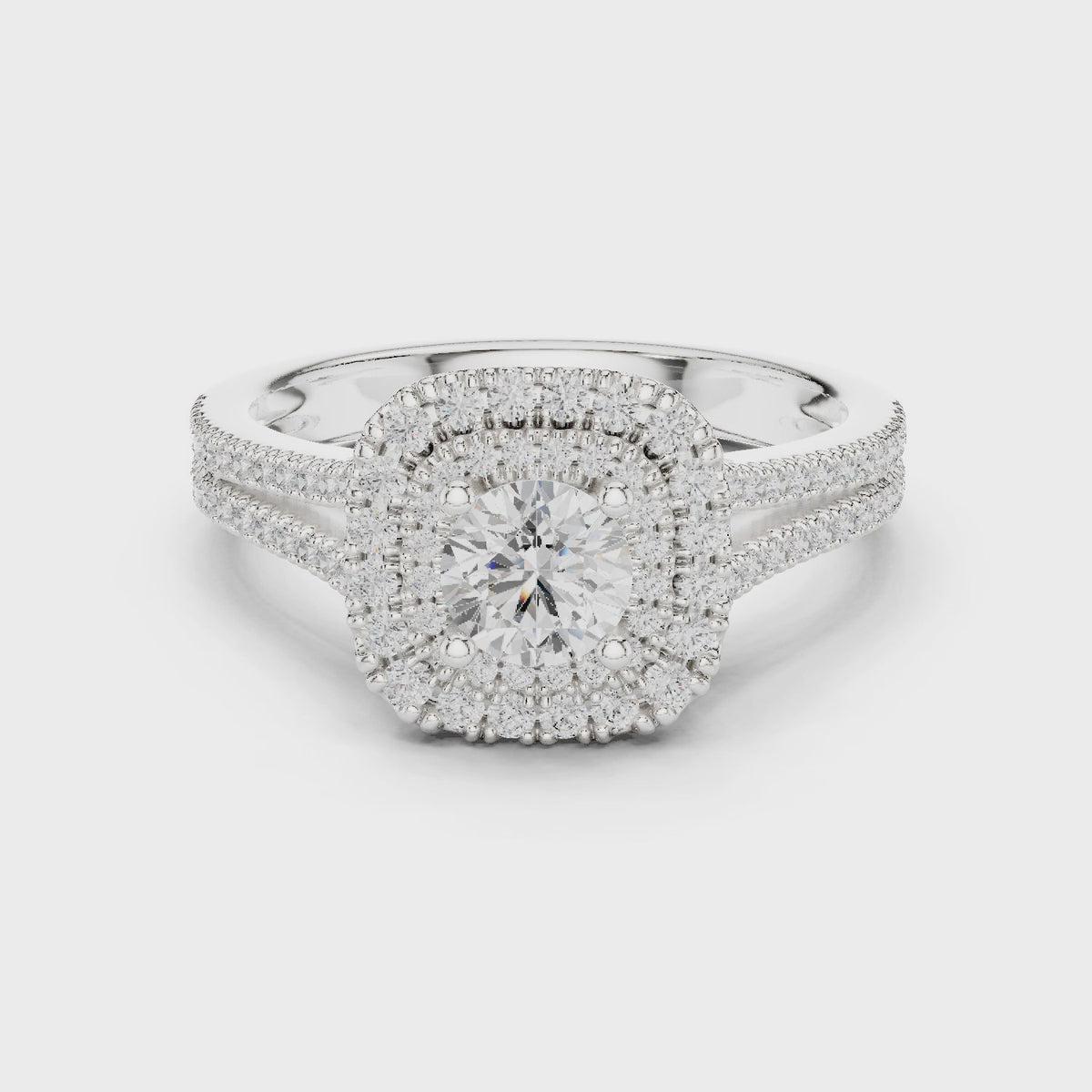 Round lab-grown diamond split shank double halo engagement ring in white gold, 360 degree video