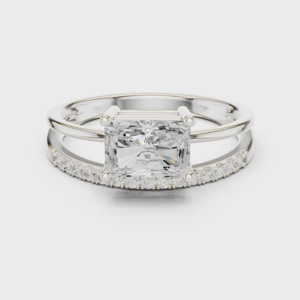 Radiant-cut lab-grown diamond east-west split shank engagement ring in white gold, 360 degree video
