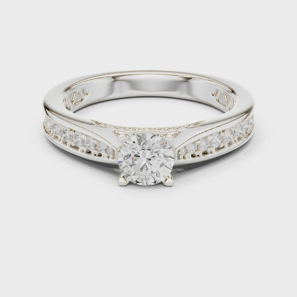 Round lab-grown diamond pavé engagement ring with filigree detail in white gold, 360 degree video