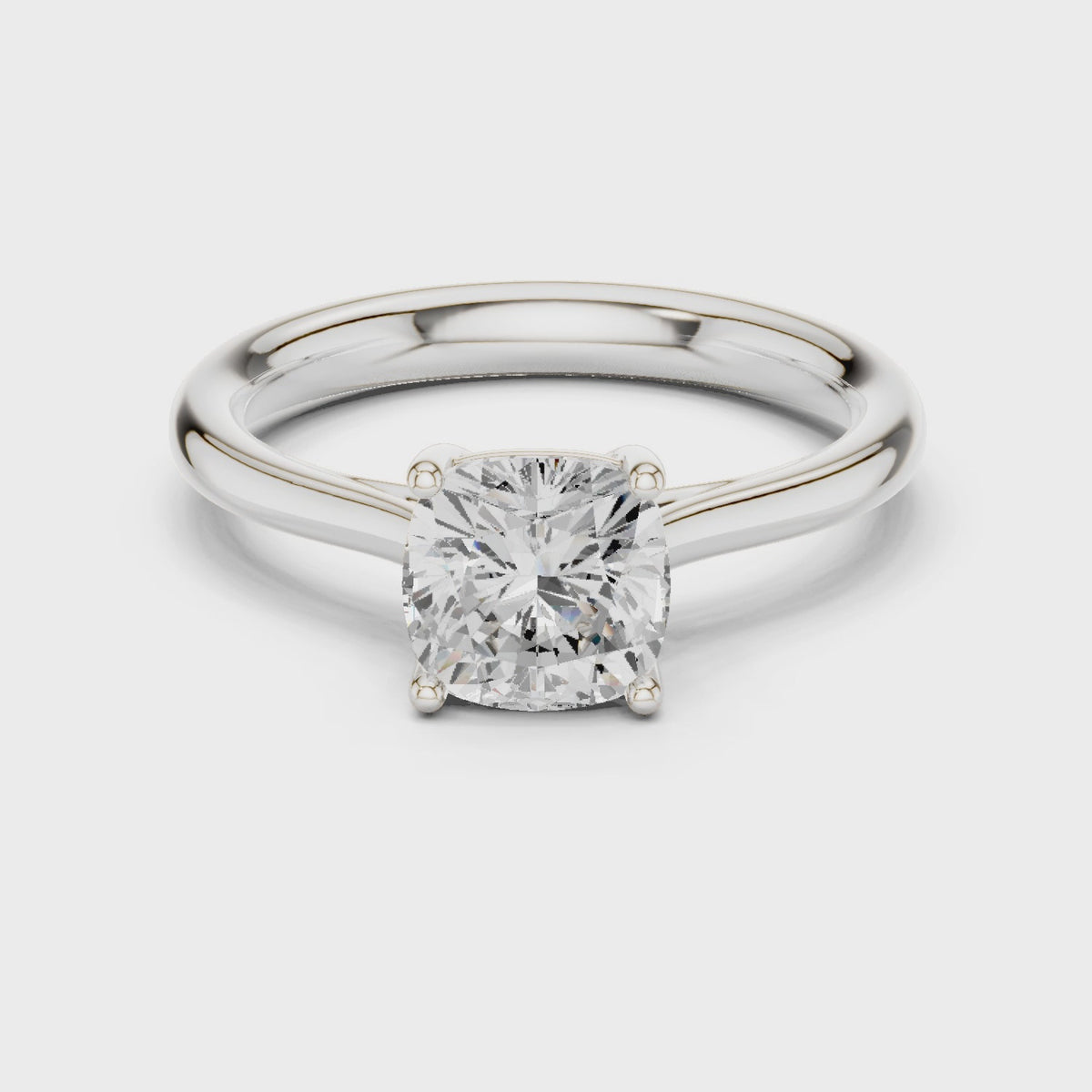 Cushion-cut lab-grown diamond solitaire engagement ring in white gold, 360 degree video